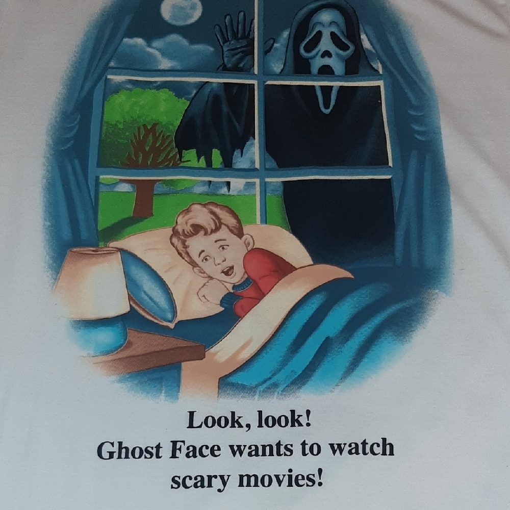 'GHOST FACE'๐ฑ"Look,look" White Graphic Horror Tee in EUC 100% Cotton Sz L - Picture 7 of 10